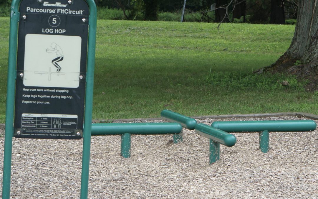 Outdoor fitness log hop apparatus in park